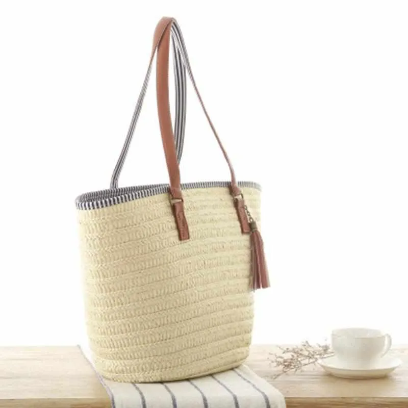 Straw Beach Tote Bag with Tassel