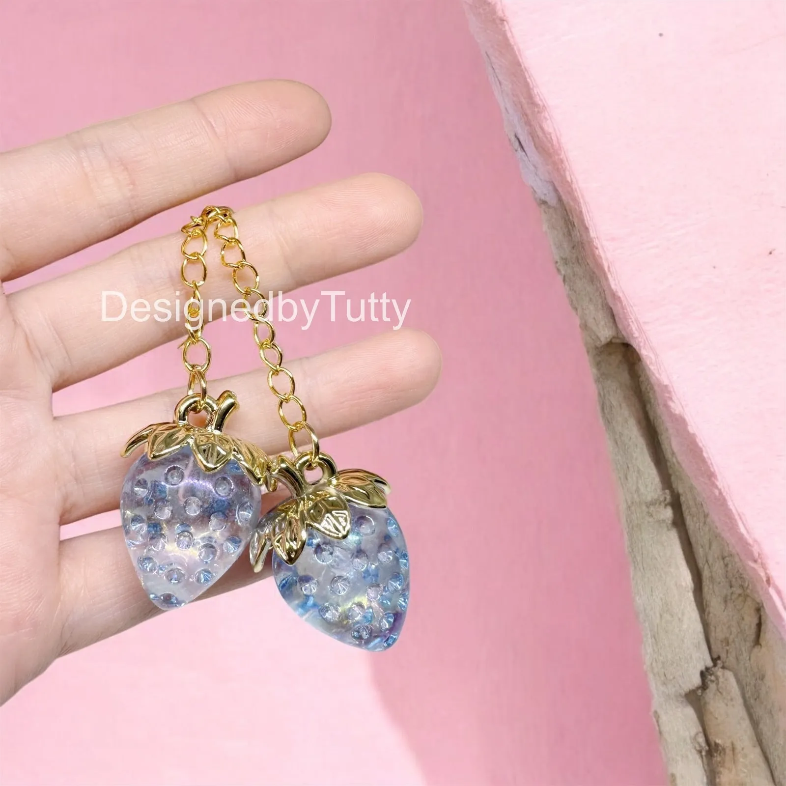 Strawberry bag charm | key chain | golden chain with heart bucket | y2k chain | bag lover gift