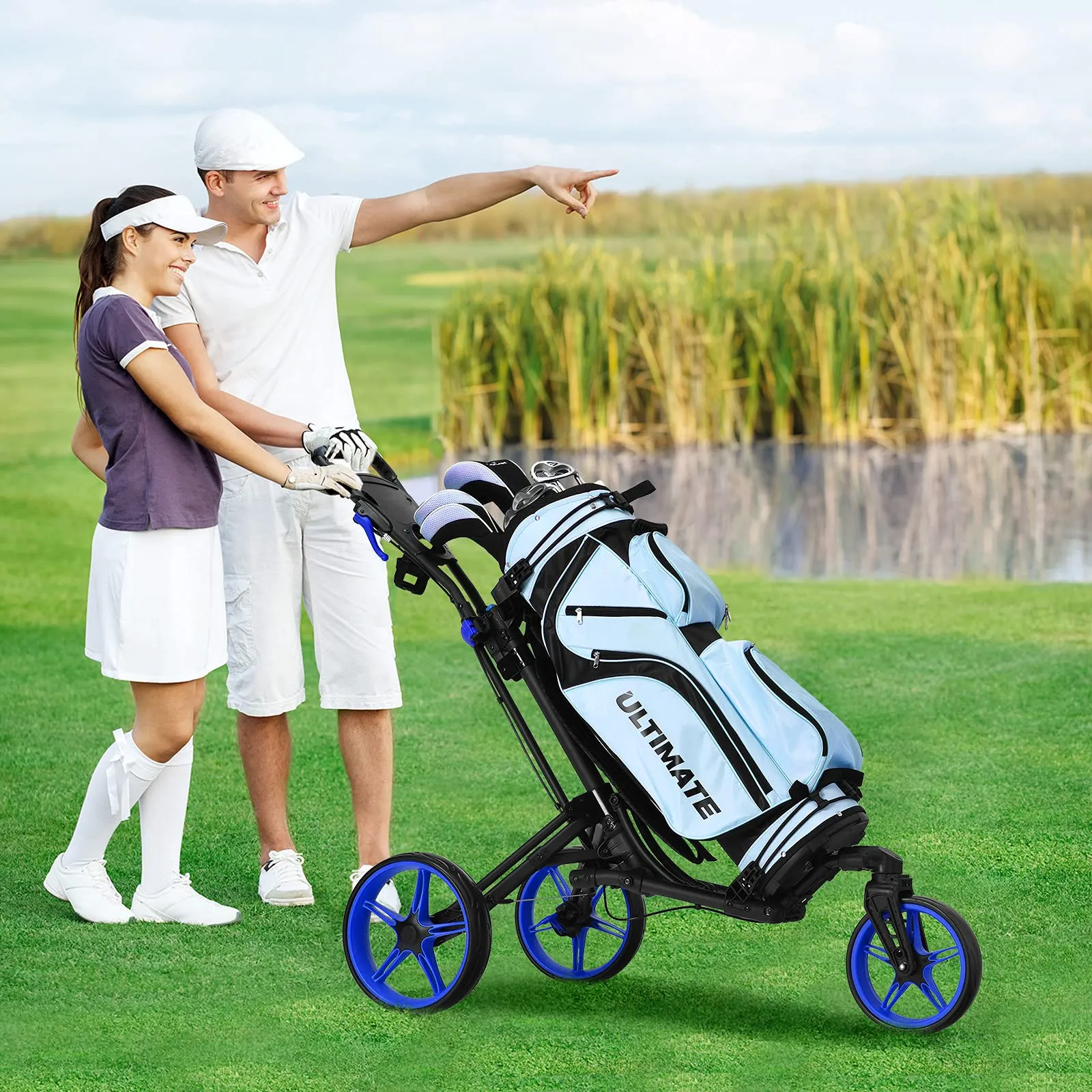 Tangkula Golf Push Cart with 360 Rotating Front Wheel, Aluminum Collapsible 3 Wheels Golf Pull Cart, Golf Trolley w/Elastic Strap
