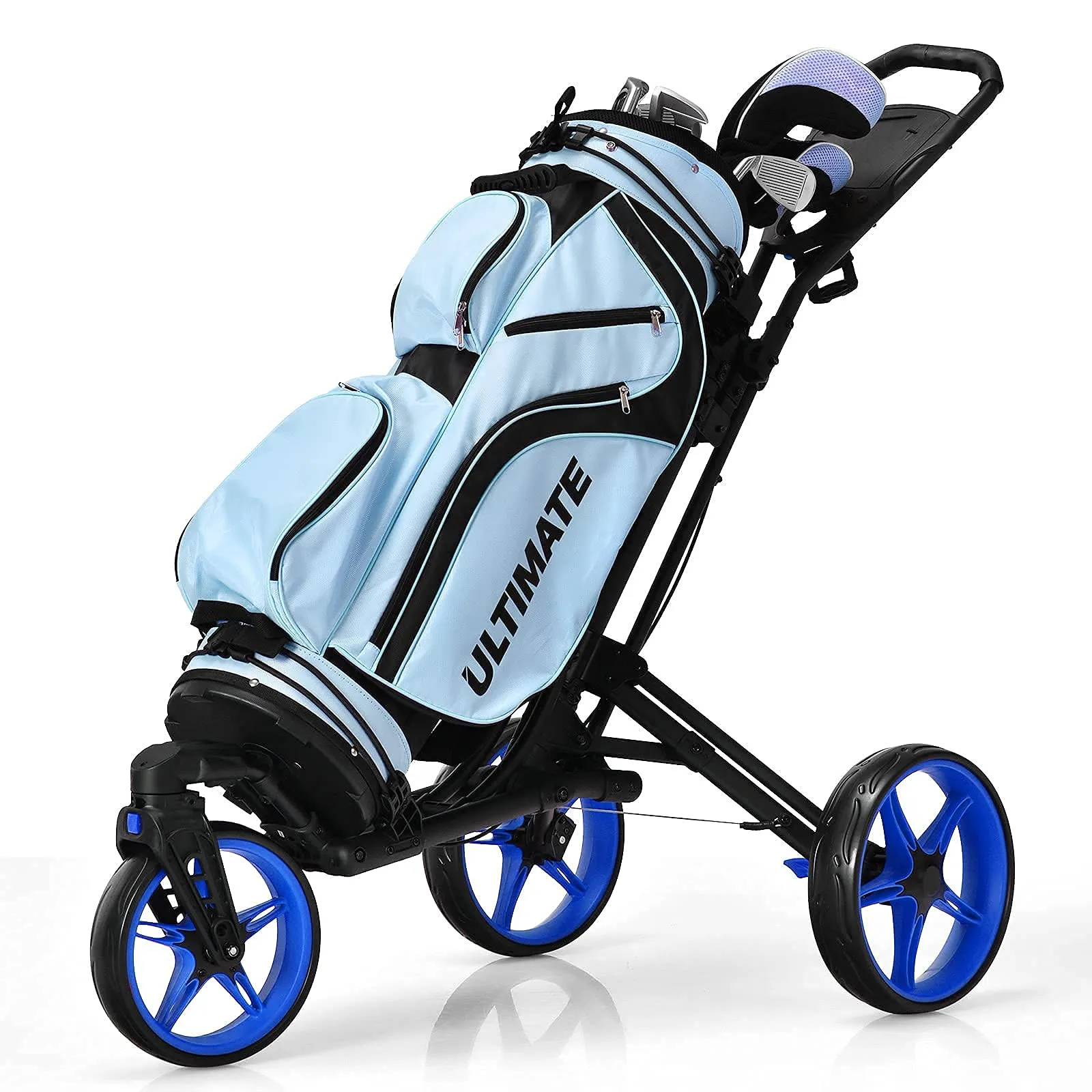 Tangkula Golf Push Cart with 360 Rotating Front Wheel, Aluminum Collapsible 3 Wheels Golf Pull Cart, Golf Trolley w/Elastic Strap