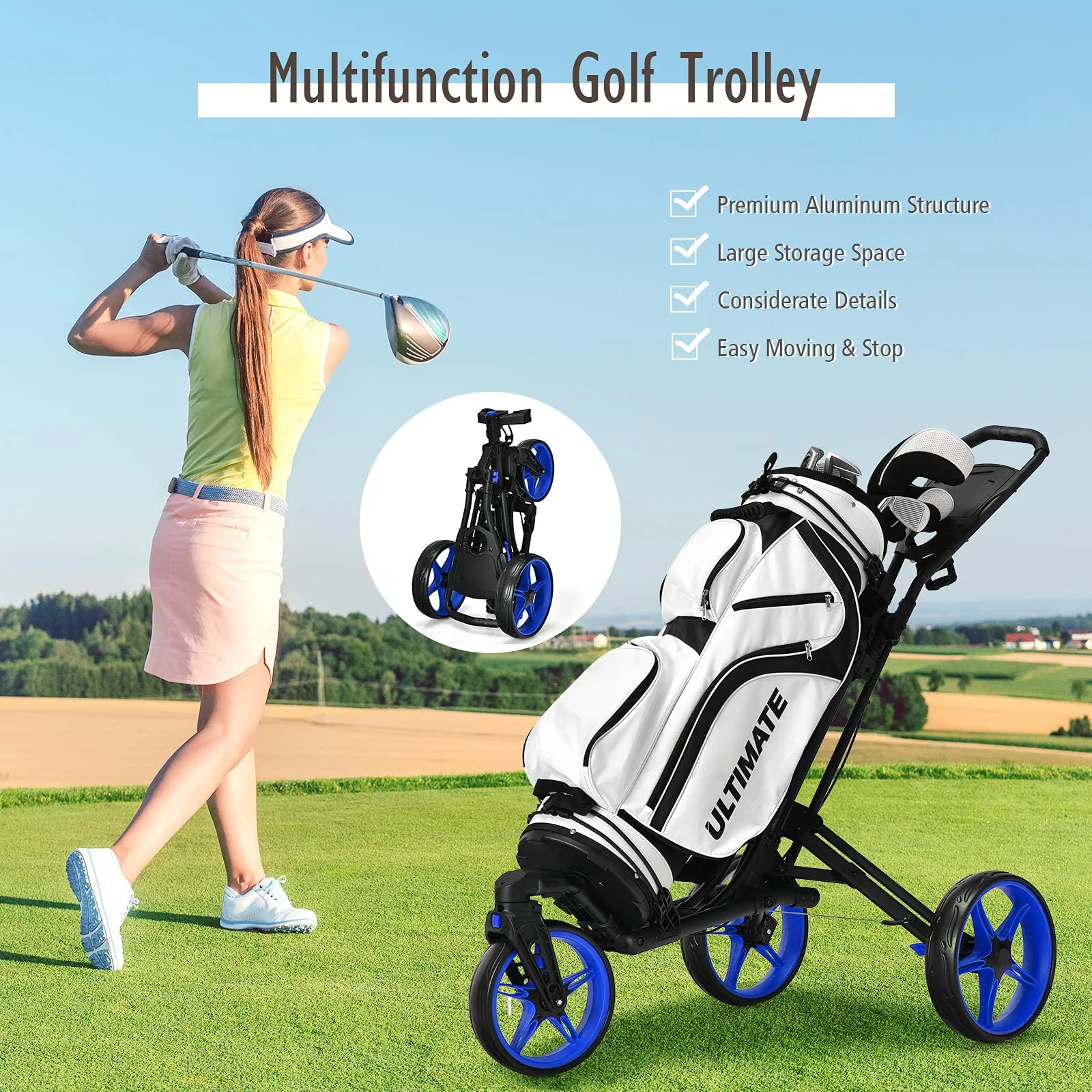 Tangkula Golf Push Cart with 360 Rotating Front Wheel, Aluminum Collapsible 3 Wheels Golf Pull Cart, Golf Trolley w/Elastic Strap
