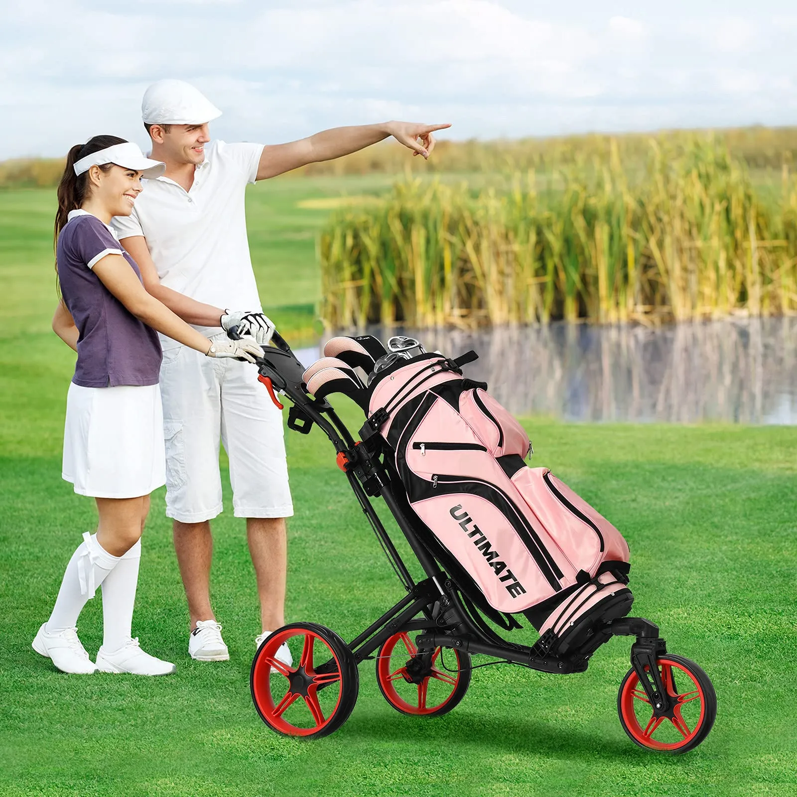 Tangkula Golf Push Cart with 360 Rotating Front Wheel, Aluminum Collapsible 3 Wheels Golf Pull Cart, Golf Trolley w/Elastic Strap