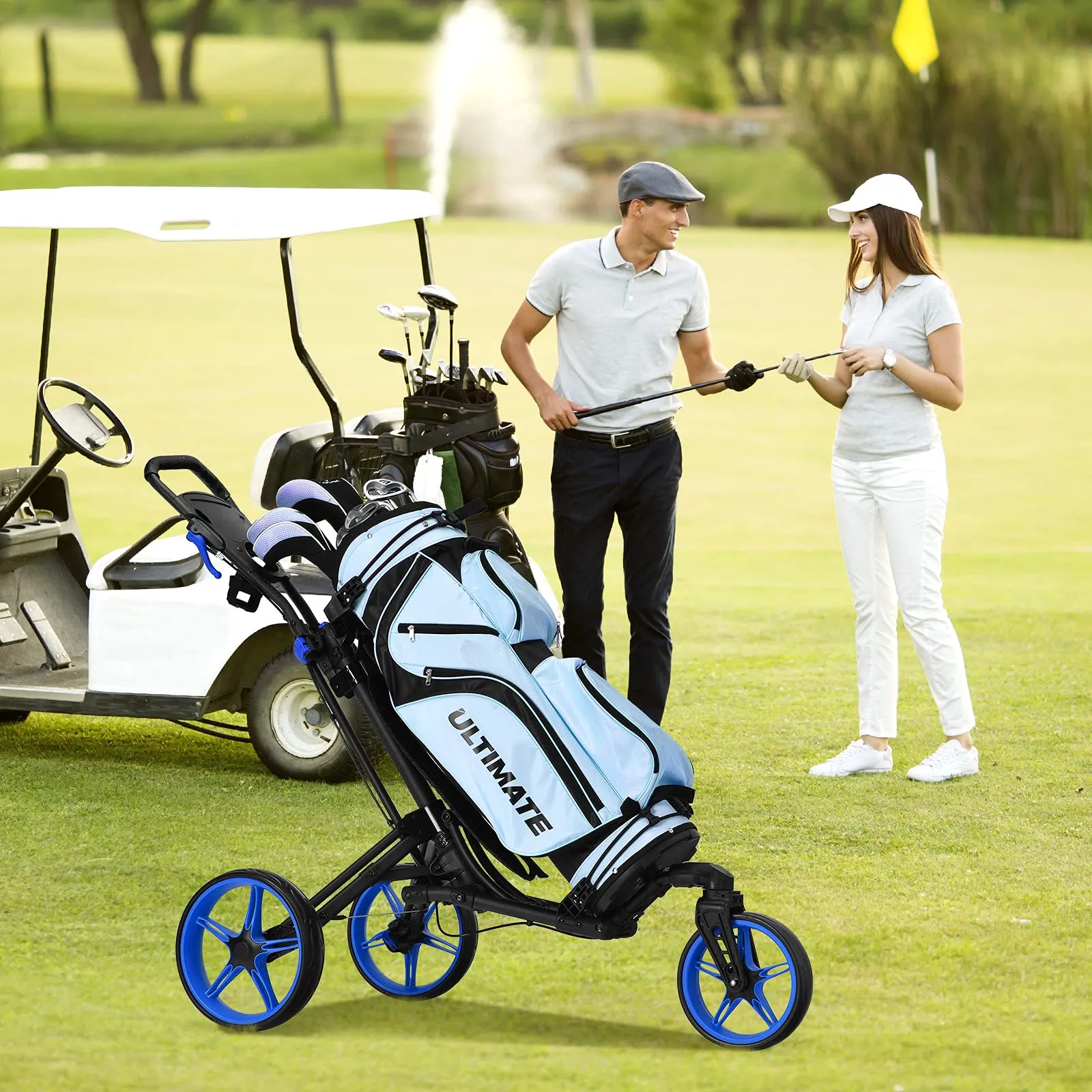 Tangkula Golf Push Cart with 360 Rotating Front Wheel, Aluminum Collapsible 3 Wheels Golf Pull Cart, Golf Trolley w/Elastic Strap
