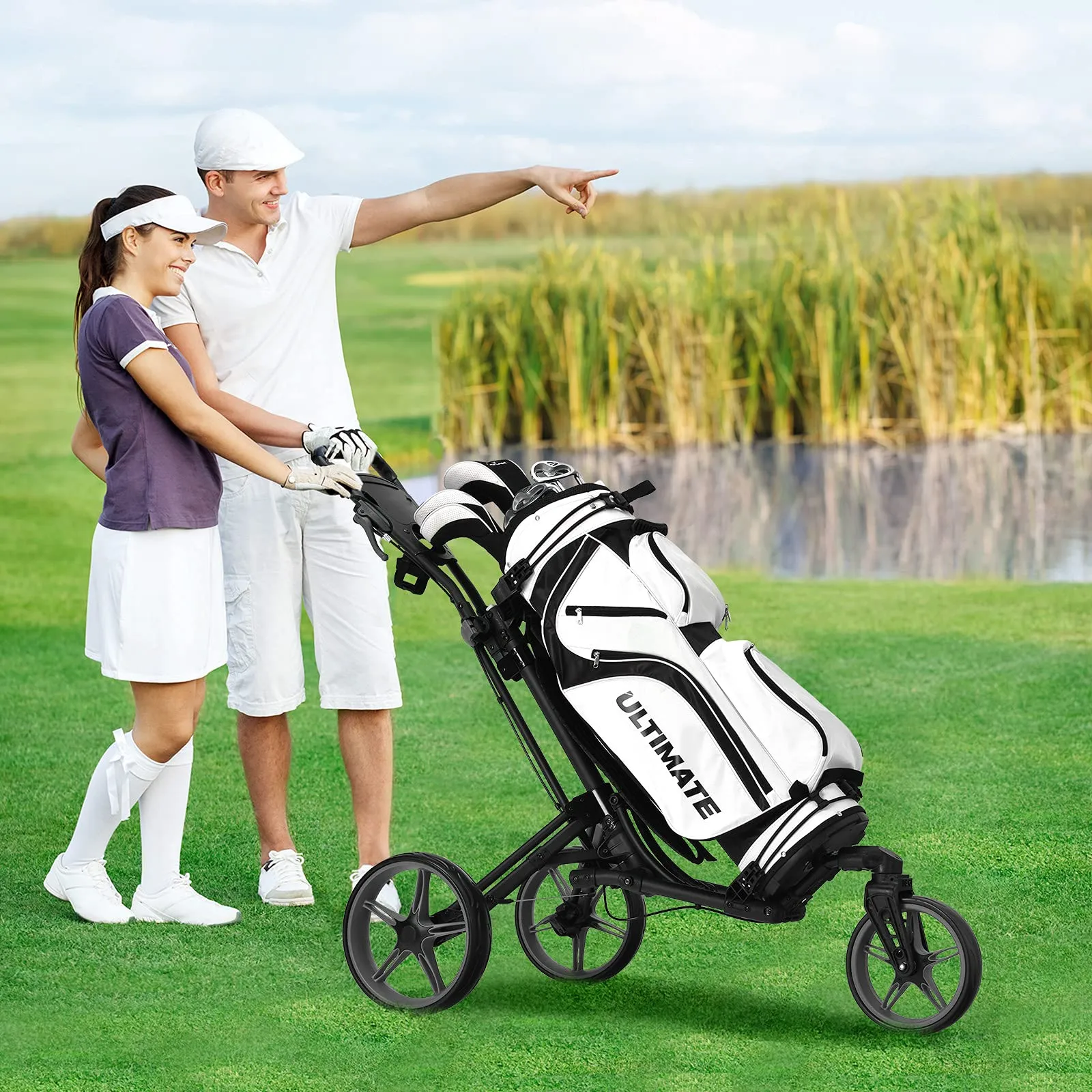 Tangkula Golf Push Cart with 360 Rotating Front Wheel, Aluminum Collapsible 3 Wheels Golf Pull Cart, Golf Trolley w/Elastic Strap