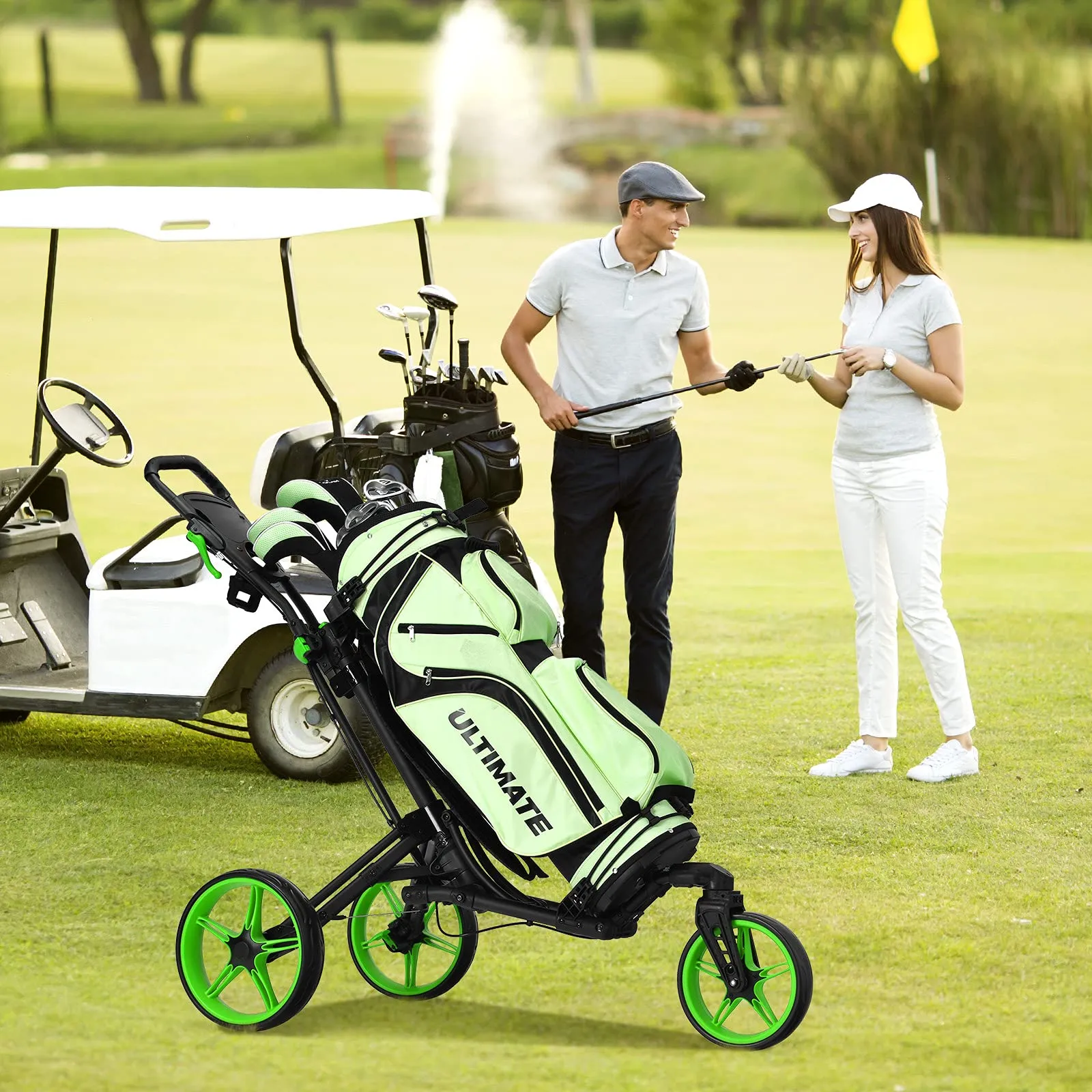Tangkula Golf Push Cart with 360 Rotating Front Wheel, Aluminum Collapsible 3 Wheels Golf Pull Cart, Golf Trolley w/Elastic Strap