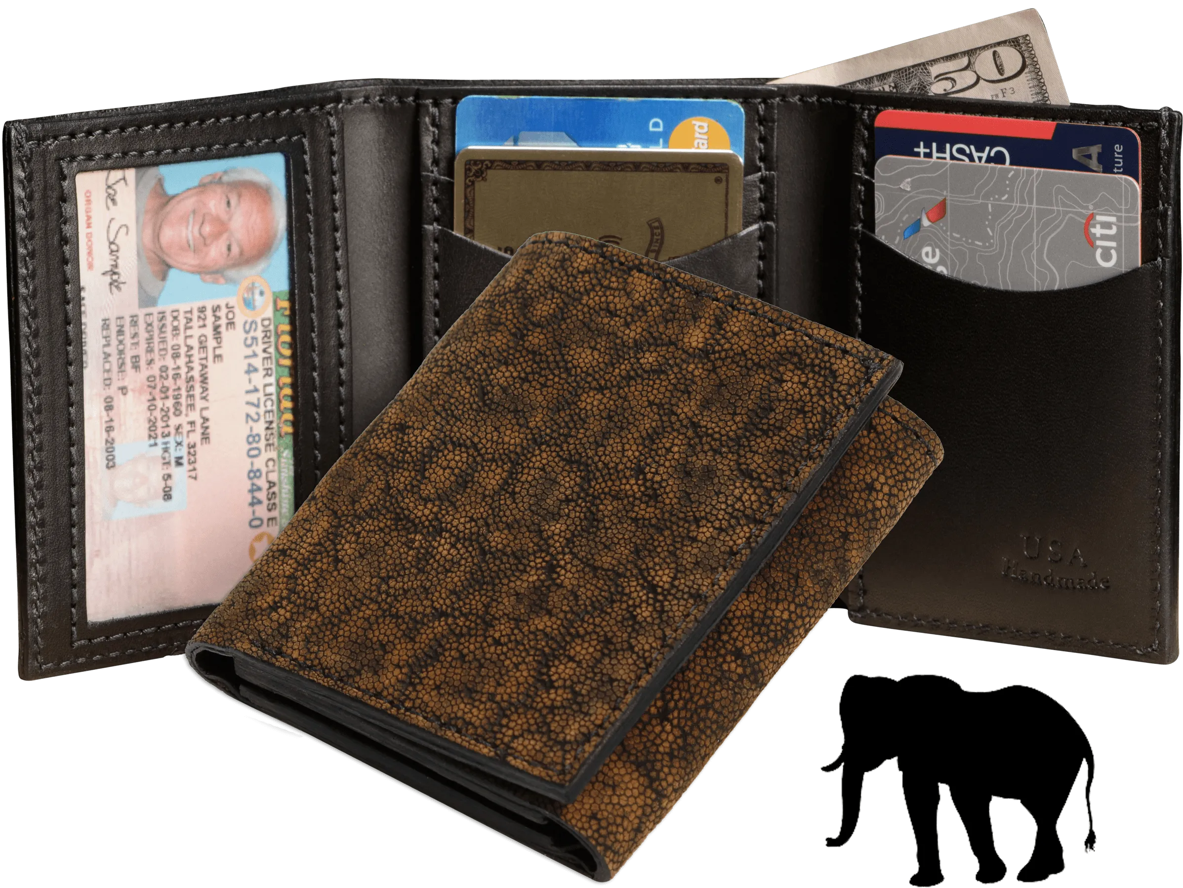 Tree Bark Elephant Luxury Designer Exotic Trifold Wallet With ID Window