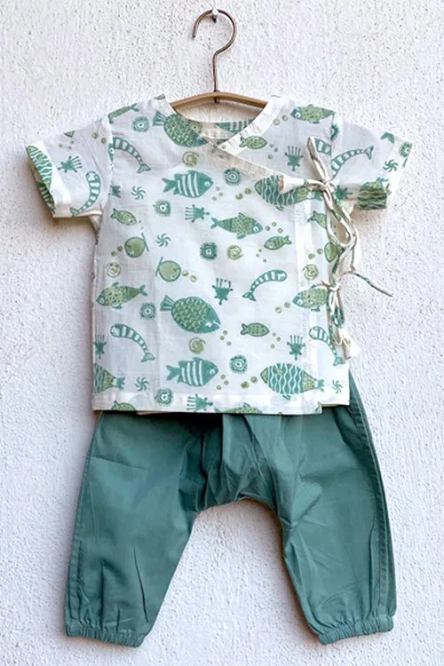 Whitewater Kids Unisex Organic Koi Bag - Koi Mint and White Angrakha with Mint Pants