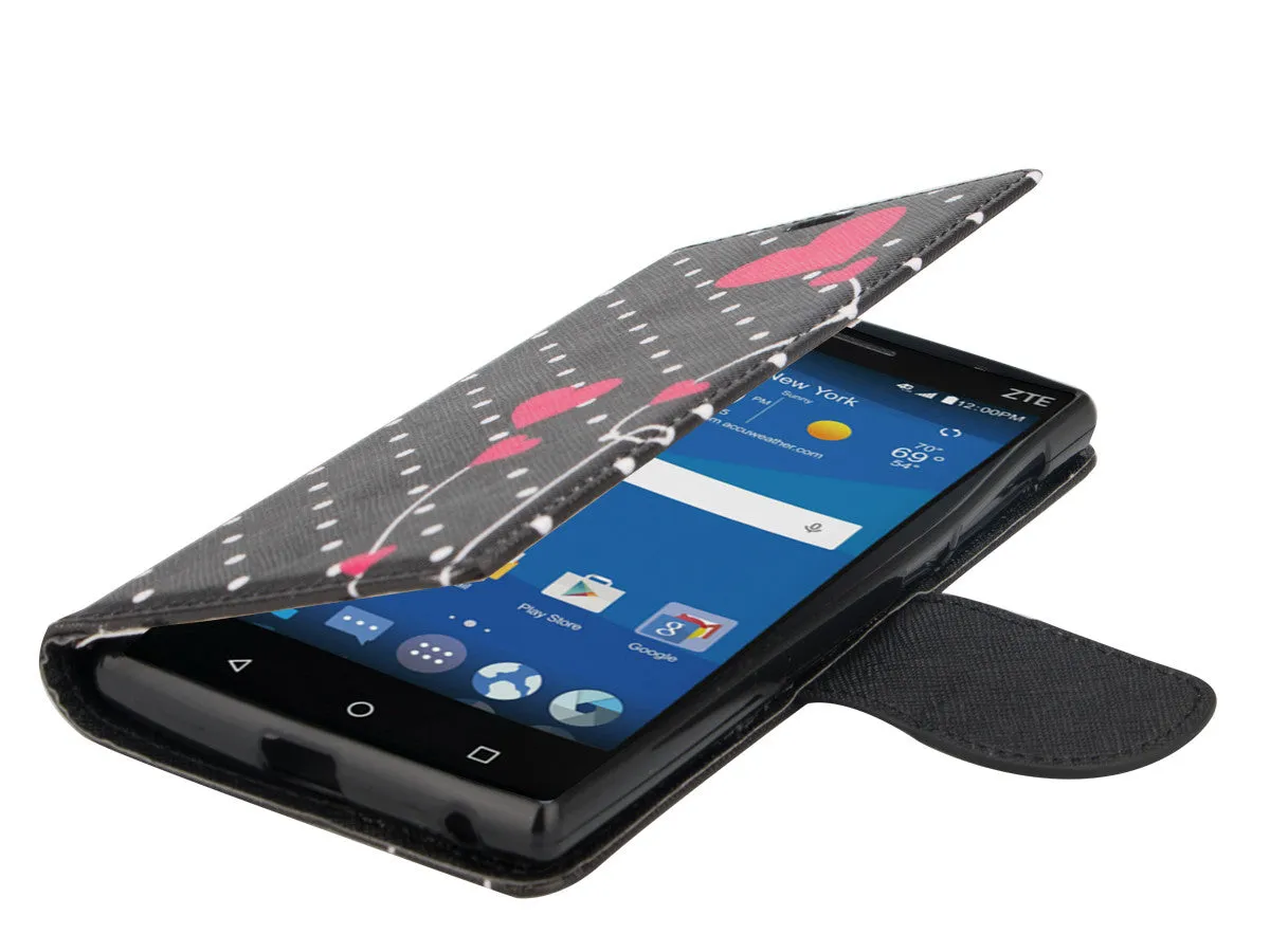 ZTE ZMAX 2 | Z958 Case, Wrist Strap Magnetic Fold[Kickstand] Pu Leather Wallet Case with ID & Credit Card Slots for ZTE ZMAX 2 - Polka Dot Hearts